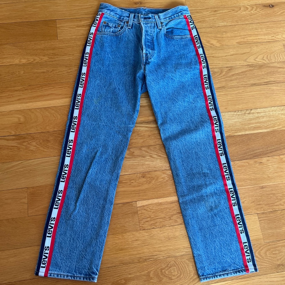 Levi’s 501 Logo Side Stripe Straight Leg Cropped Jeans Sz 24! 90s Style
